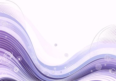 Geniş beyaz kopya alanı üzerinde dinamik mor ve lavanta rengi dalgalı çizgiler, yarım ton desenleri ve dekoratif girdaplar içeren soyut vektör arkaplan çizimi.