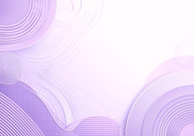 Katmanlı mor ve lavantalı eş merkezli daireler, spiraller, dalgalı şekiller ve yarım ton desenli soyut dijital arkaplan, parlak beyaz kopya alanı bırakıyor.