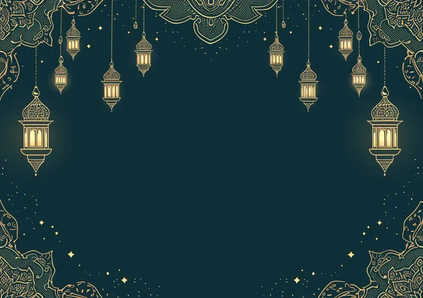 Derin bir deniz mavisi zemininde parlayan geleneksel Arap fenerleriyle süslü altın çizgili sanat sınırları. Kopya alanı olan İslami bayram kavramı.