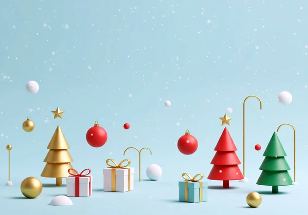 Mavi arka planda 3 boyutlu Noel süslemeleri ve hediye kutuları