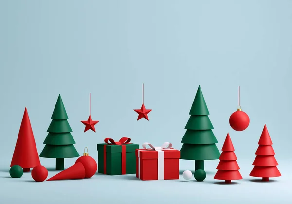 Hediye veren bir Noel ağacı ve mavi arka planda Noel süslemeleri. Noel ve yeni yıl konsepti