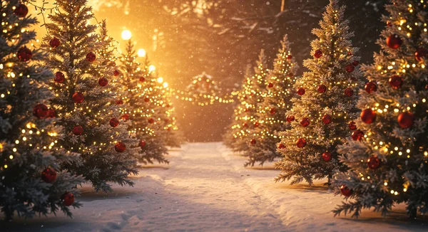 Gece sokakta parlayan Noel ışıkları ve köknar ağaçları, Noel ve yeni yıl konsepti