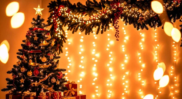 Yılbaşı ağacı ve ışıklarının arka planında Noel süslemeleri.