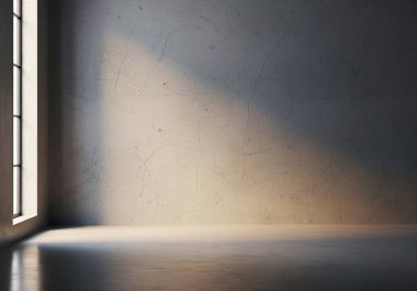 Boş oda ve aydınlatma ışınlı beton duvar, 3 boyutlu illüstrasyon, bilgisayar dijital illüstrasyonu,