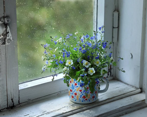 Egy Csokor Vadvirág Egy Bögrében Egy Fehér Ablakban — Stock Fotó