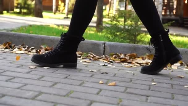 Fiatal nők lábai fekete csizmában sétálnak ősszel. Sidewalk borított lehullott levelek. — Stock videók