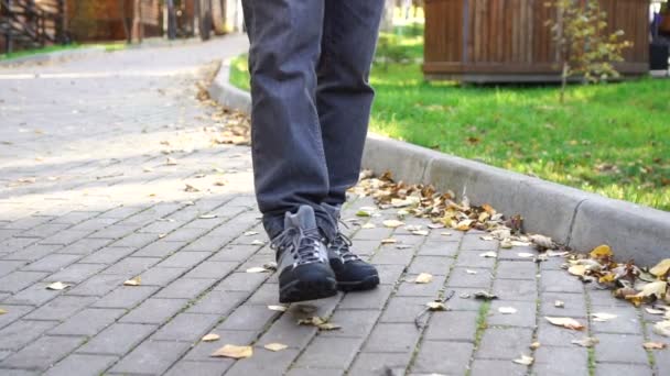 Pánské boty jdou na chodník pokrytý spadlým listím. — Stock video