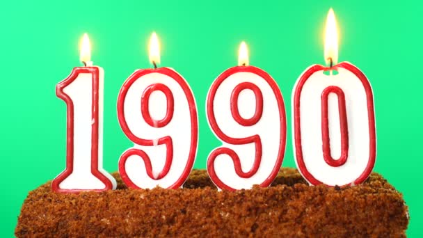 Cake with the number 1990 lighted candle. Last century date. Chroma key. Green Screen. Isolated — Stock Video