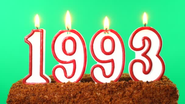 Cake with the number 1993 lighted candle. Last century date. Chroma key. Green Screen. Isolated — Stock Video