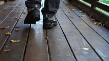 Sonbahar zamanı ahşap zeminde kendine güveni olan adımlar
