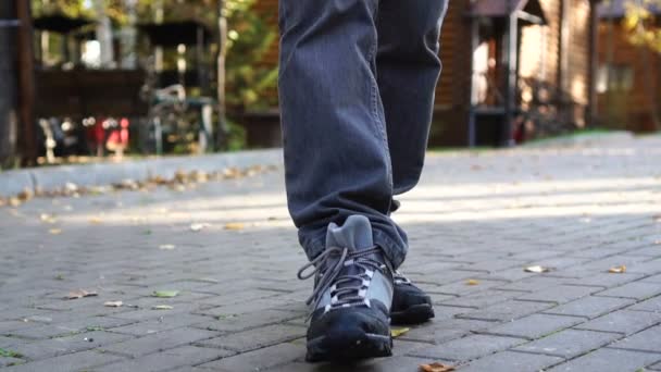 Zblízka mužské nohy kráčející po ulici. Kroky sebevědomého muže ve sportovních botách — Stock video