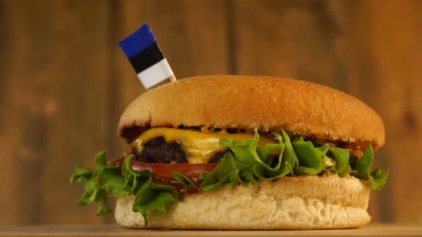 Deliciosa hamburguesa con una pequeña bandera estonia encima con palillos de dientes. Deliciosa hamburguesa giratoria. — Vídeo de stock