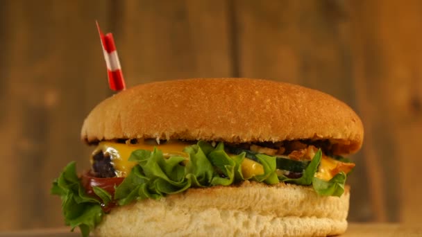 Köstlicher Burger mit kleiner Österreich-Fahne obendrauf mit Zahnstochern. Leckere Hamburger rotieren. — Stockvideo