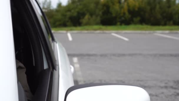 Mano dell'uomo che mostra i pollici del segno su mentre si siede in macchina. Buon viaggio, acquisto o noleggio auto concetto — Video Stock