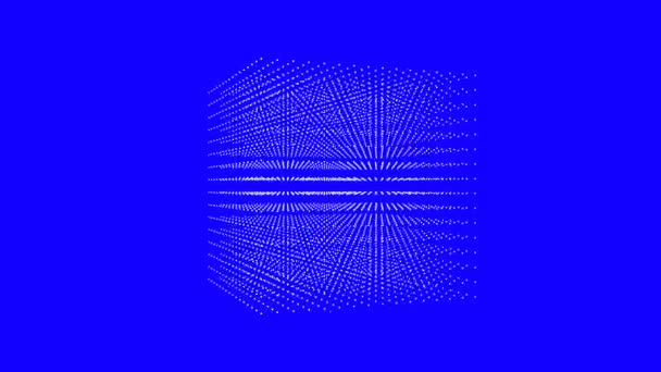 White cube box of spinning points on blue background. Seamless loop animation. — Stock Video