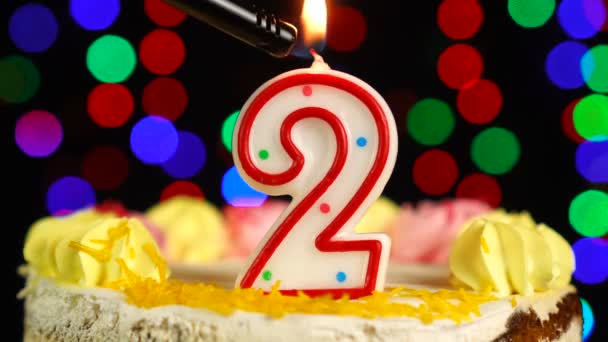 Number 2 Happy Birthday Cake Witg Burning Candles Topper. — Stock Video