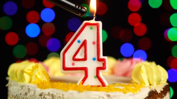 Number 4 Happy Birthday Cake Witg Burning Candles Topper. — Stock Video