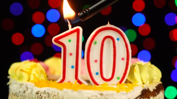 Number 10 Happy Birthday Cake Witg Burning Candles Topper. — Stock Video