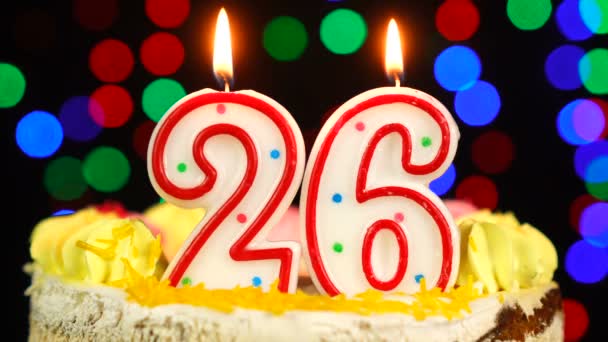 Number 26 Happy Birthday Cake Witg Burning Candles Topper. — Stock Video