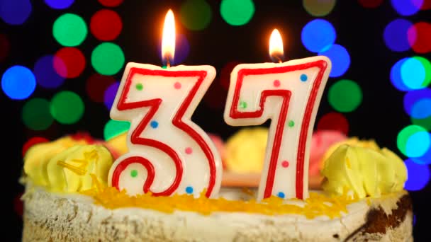 Number 37 Happy Birthday Cake Witg Burning Candles Topper. — Stock Video