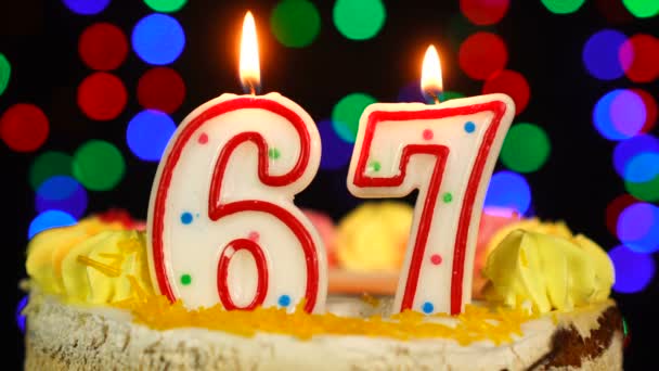Number 67 Happy Birthday Cake Witg Burning Candles Topper. — Stock Video
