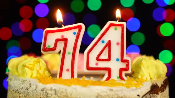 Number 74 Happy Birthday Cake Witg Burning Candles Topper. — Stock Video