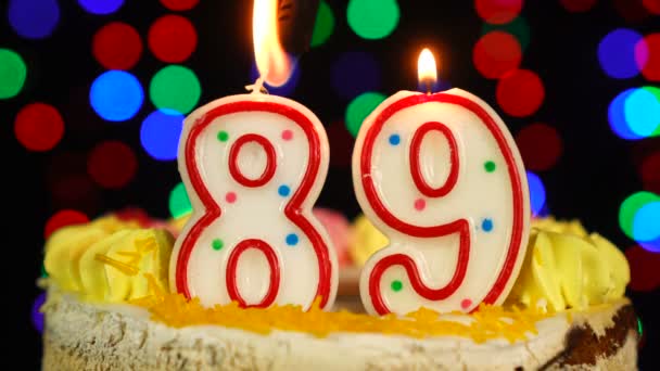 Number 89 Happy Birthday Cake Witg Burning Candles Topper. — Stock Video