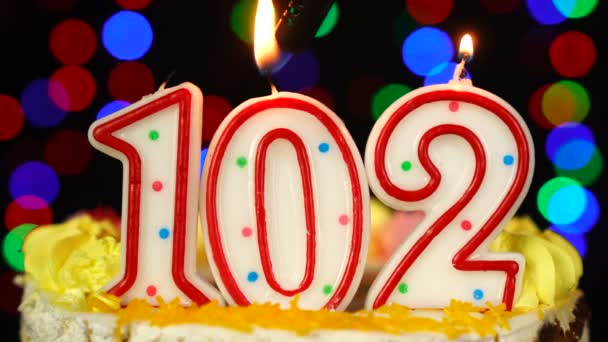 Numéro 102 Joyeux gâteau d'anniversaire avec des bougies brûlantes Topper. — Video