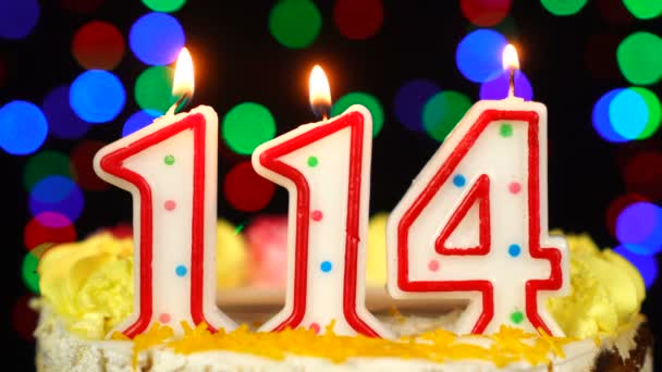 Numer 114 Wszystkiego najlepszego Tort urodzinowy z płonącymi świeczkami Topper. — Wideo stockowe