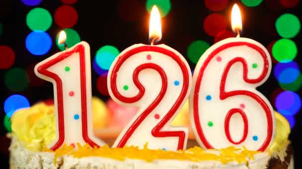 Number 126 Happy Birthday Cake With Burning Candles Topper. — Stock Video