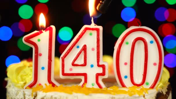 Number 140 Happy Birthday Cake With Burning Candles Topper. — Stock Video