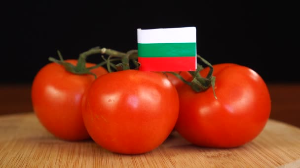 Hombre colocando palillo decorativo con bandera de Bulgaria en un ramo de tomates. — Vídeo de stock