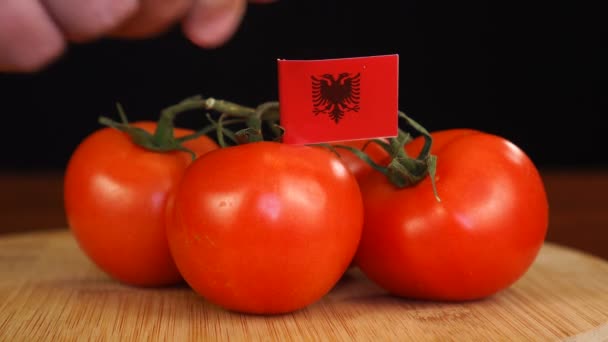 Hombre colocando palillo decorativo con bandera de Macedonia en un ramo de tomates. — Vídeo de stock