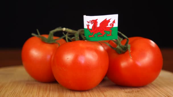 Homme plaçant cure-dent décoratif avec drapeau du Pays de Galles dans un bouquet de tomates. — Video