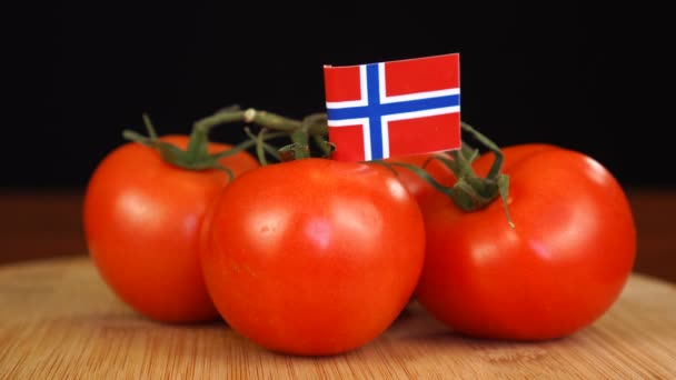 Hombre colocando palillo decorativo con bandera de Noruega en manojo de tomates. — Vídeo de stock