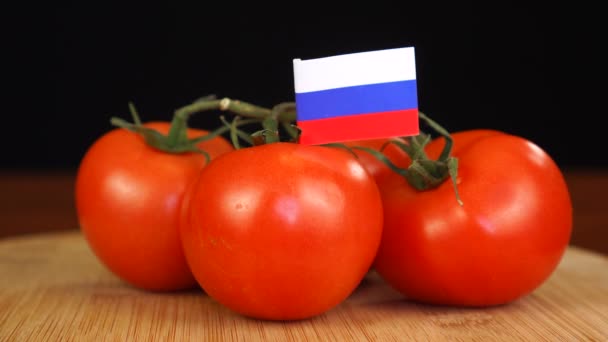 Muž umístění dekorativní párátko s vlajkou Ruska do svazku rajčat. — Stock video