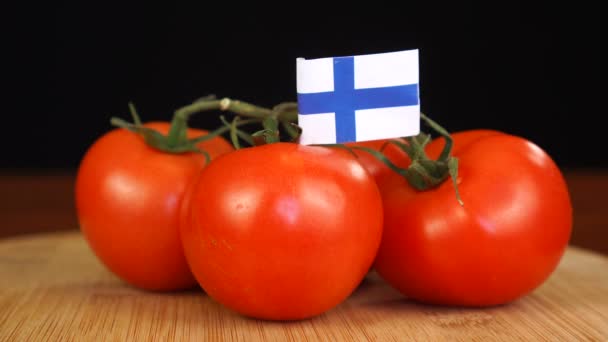 Muž umístění dekorativní párátko s vlajkou Finska do svazku rajčat. — Stock video