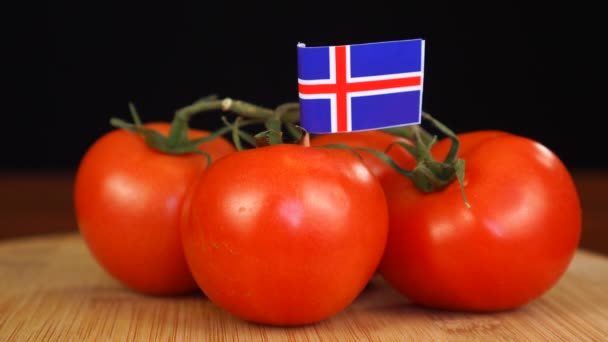 Hombre colocando palillo decorativo con bandera de Islandia en un ramo de tomates. — Vídeo de stock