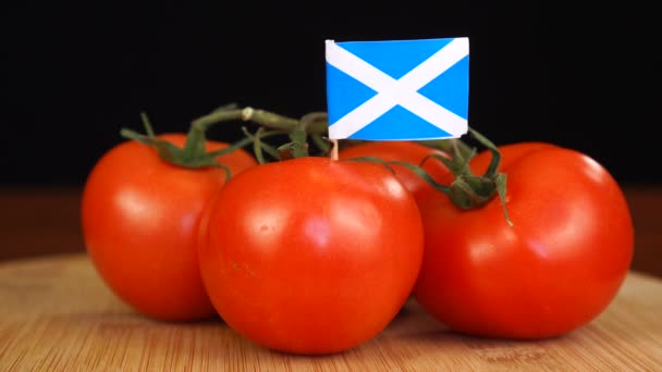Человек помещает декоративную зубочистку с флагом Шотландии в кучу помидоров. — стоковое видео