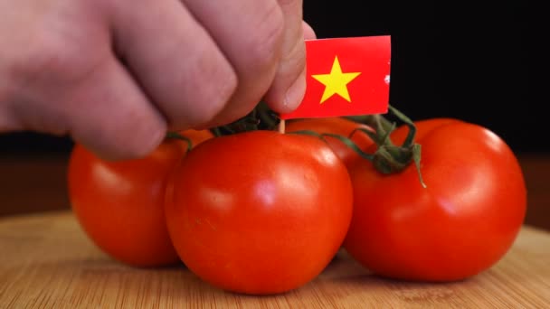 Muž umístění dekorativní párátko s vlajkou Vietnamu do svazku rajčat. — Stock video