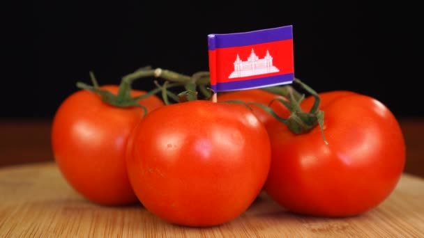 Hombre colocando palillo decorativo con bandera de Camboya en manojo de tomates. — Vídeo de stock