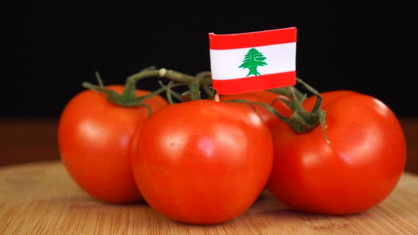 Homem colocando palito decorativo com bandeira do Líbano em um monte de tomates. — Vídeo de Stock