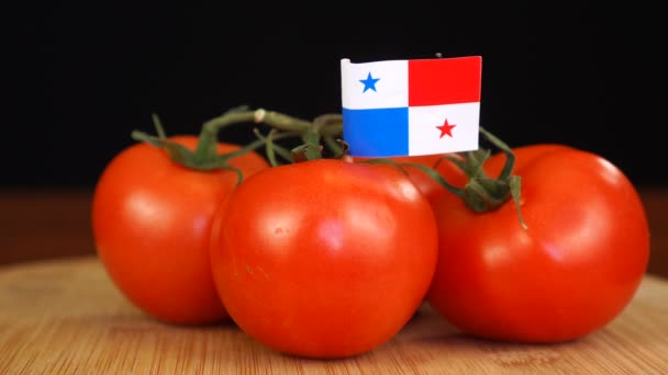 Homem colocando palito decorativo com bandeira do Panamá em um monte de tomates. — Vídeo de Stock