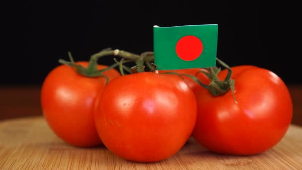 Homem colocando palito decorativo com a bandeira de Bangladesh em um monte de tomates. — Vídeo de Stock