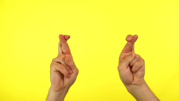 Mani alzate con le dita incrociate su sfondo giallo. — Video Stock
