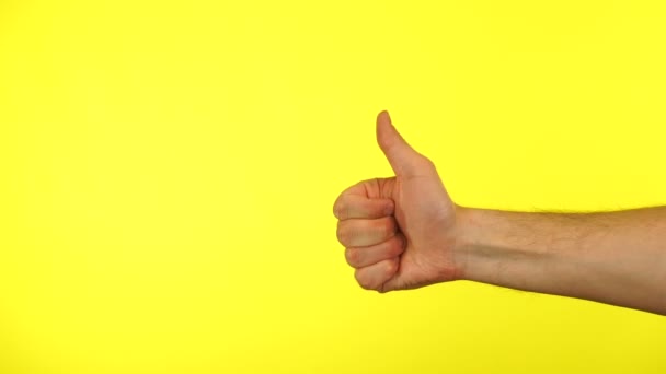 黄色のスタジオの背景に隔離された親指のサインを示す人の手の閉じる — ストック動画