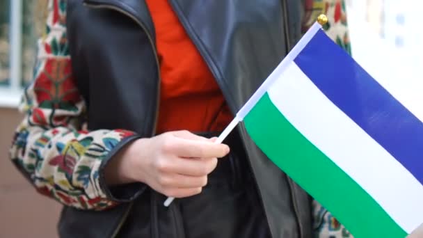 Unrecognizable woman holding Molossian flag. Girl walking down street with national flag of Molossia. — Vídeos de Stock