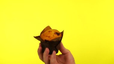 Sarı arka planda erkek avucunda vanilyalı kek