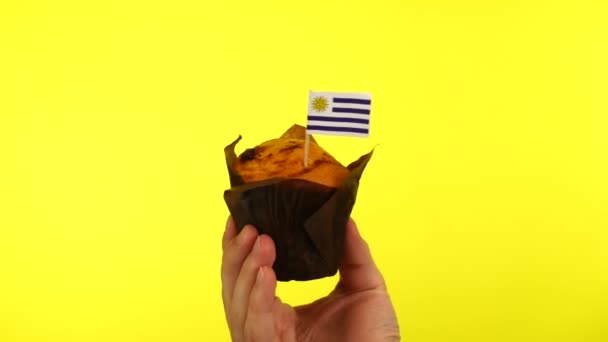 Cupcake met Uruguayaanse vlag op mannelijke palm tegen gele achtergrond — Stockvideo