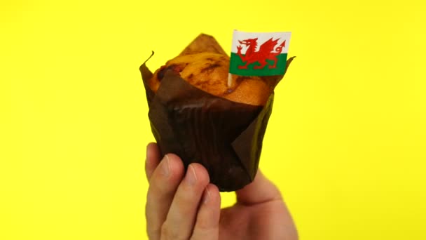 Cupcake mit walisischer Flagge auf männlicher Handfläche vor gelbem Hintergrund — Stockvideo